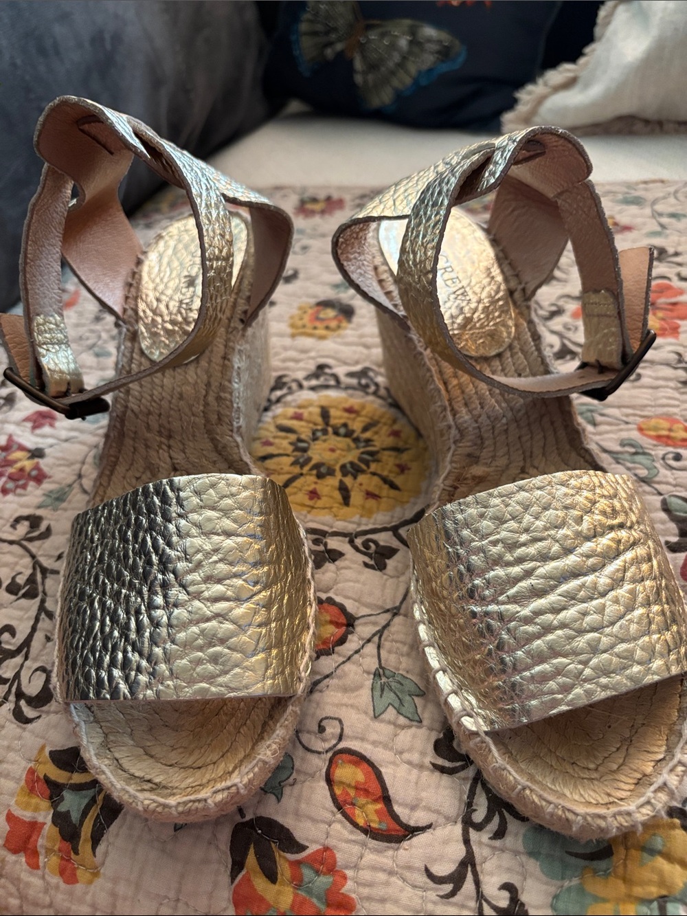 J. Crew Gold Metallic Pebbled Leather Espadrille Wedge Heel Sandals Size 10 - Picture 10 of 15
